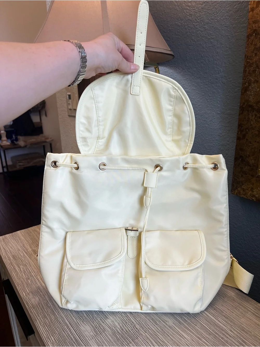 🆕 Year of Ours Light Yellow Drawstring Backpack with Front Pockets